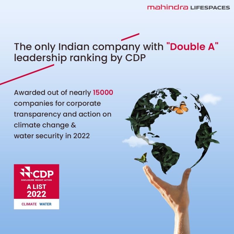 Mahindra Lifespaces, India's only company recognized with a Double 'A' leadership score in CDP's Climate Change and Water Security rankings